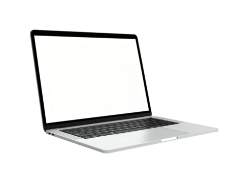 Angled shot of a silver laptop with a blank, white screen against black