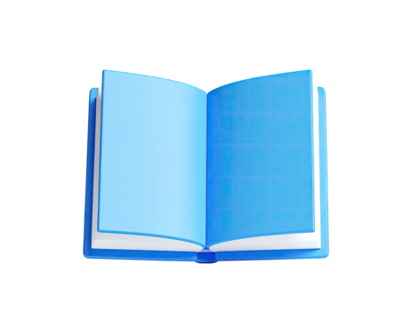 3D rendering of an open book with light blue pages, on a black background