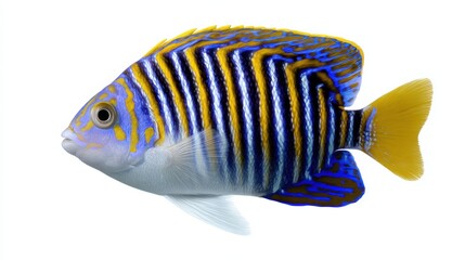 Vibrant Blue and Yellow Fish Swimming Gracefully Against a Pure White Background Showcasing Its Bright Colors and Unique Patterns in Underwater Habitat