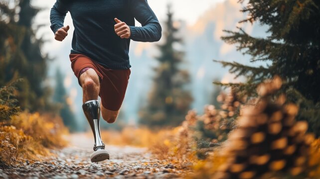 Dynamic shot of determined male runner with prosthetic leg actively exercising on scenic autumn forest trail. Showcasing strength, endurance, and active lifestyle in nature.