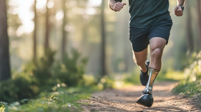 Determined athlete with running prosthesis embarks on empowering forest trail journey. Showcasing strength, active lifestyle, and spirit of overcoming challenges.
