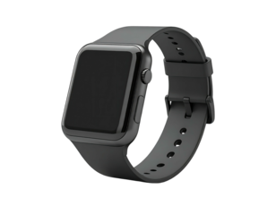 Sleek smartwatch with a dark screen and matching rubber strap, isolated on black