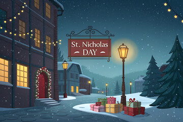 Festive st nicholas day celebration in a snowy village square with warmly lit buildings and glowing street lamps