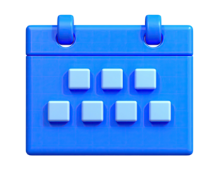 A vibrant, blue, 3D-rendered calendar icon with white day-of-the-week squares