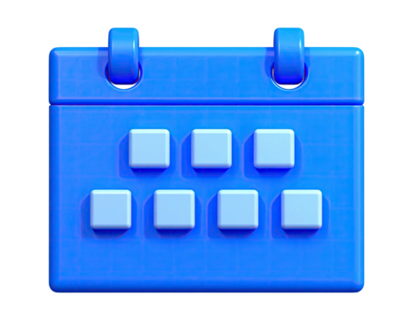 A vibrant, blue, 3D-rendered calendar icon with white day-of-the-week squares