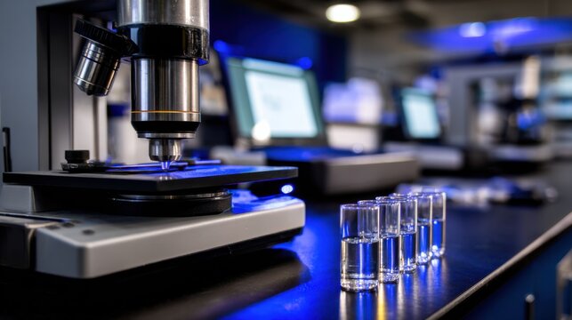 High Magnification Microscope Illuminated by a Blue Light Showcasing Intricate Details of Specimens in a Scientific Laboratory Setting for Research