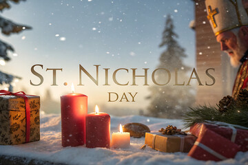 Cozy st nicholas day scene with glowing candles festive gifts and a snowy winter wonderland backdrop creating a magical holiday atmosphere