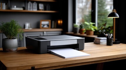 Bright and Inviting Desk Space Featuring a Modern Printer and Lush Green Plant Creating a Productive and Refreshing Work Environment for Creativity