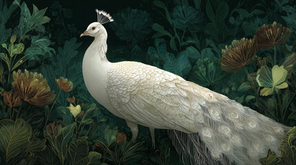 Elegant White Peacock in a Mystical Dark Jungle With Lush Botanical Foliage