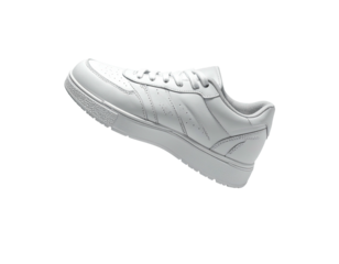 Angled, isolated, white leather sneaker with laces and perforated details