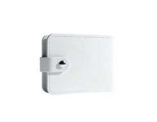 A pristine white bi-fold wallet with a metal snap, angled on black