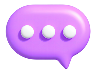 Rendered 3D purple speech bubble with white ellipsis dots, isolated on black