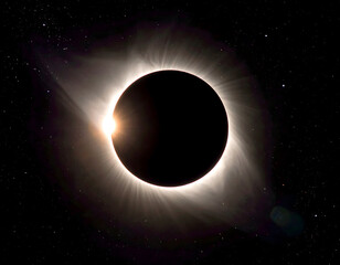 Fototapeta premium Dramatic Solar Eclipse With Bright Corona And Starry Sky For Cosmic Event Or Astronomy Stock Photo