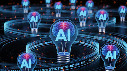Artificial Intelligence Innovation Brainpower Concept with Lightbulbs and Digital Binary Code Technology Background