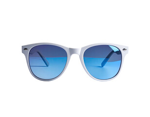 White-framed sunglasses with gradient blue lenses, set against a black background