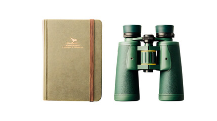 Green binoculars and a notebook isolated on transparent background