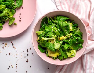 Fresh Green Salad in Pink Bowl.
