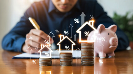 Real Estate Investment Growth Depicted with Coin Stacks House Icons and Rising Arrows Representing Increased Property Value