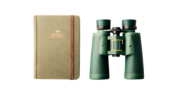 Green binoculars and a notebook isolated on transparent background - Powered by Adobe