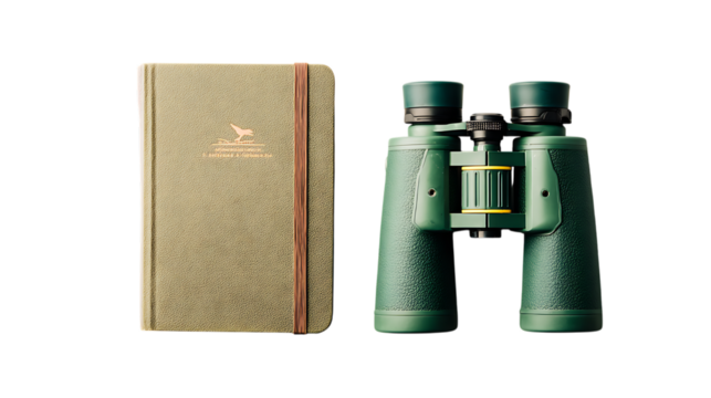 Green binoculars and a notebook isolated on transparent background