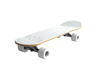White skateboard on a black background, deck elevated on trucks and wheels