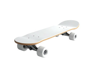 White skateboard on a black background, deck elevated on trucks and wheels