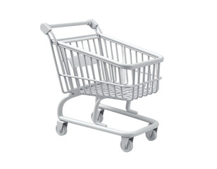 An empty, white, wire-framed shopping cart on a plain black background