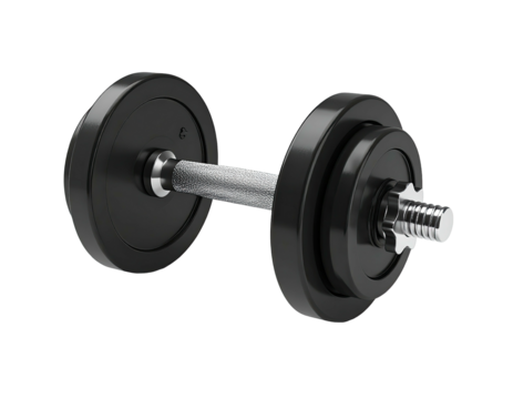 A heavy, black, chrome dumbbell with plates, set against a black background