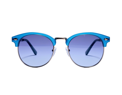 Bright blue retro sunglasses with gradient lenses, isolated on a black background