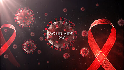 World aids day awareness red ribbons and symbolic virus particles illuminate a dark background with rays of hope