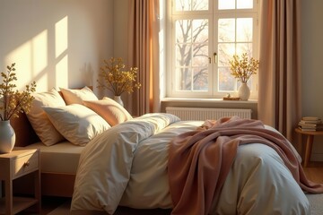 Warm sunlight illuminates a cozy bedroom with a neatly made bed, soft bedding, and delicate floral arrangements adding to the tranquil ambiance.