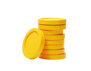 Yellow, 3D-rendered gold coins stacked high and isolated on a black background