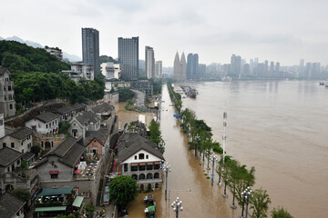 On August 19, 2020, the fifth major flood wave of the Yangtze River passed through Chongqing, China, along Nanbin Road in Nan'an District.