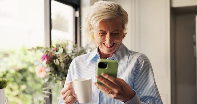Laughing, old woman and phone in kitchen with coffee, internet comedy and scroll on social media. Tech, senior and happy female person in home with drink, funny video and entertainment on mobile app.