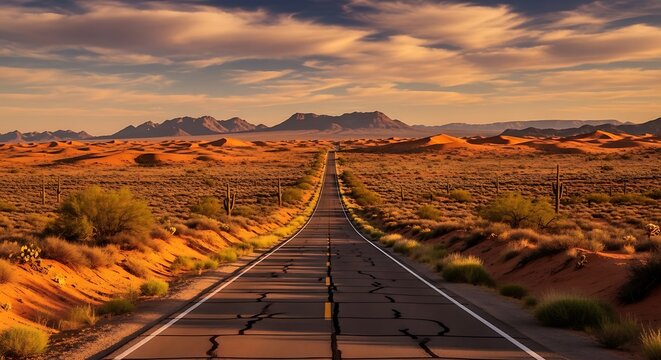 Scenic desert highway stretching towards distant mountains under a dramatic sky.