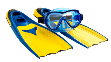 Blue and yellow snorkeling mask and fins isolated on transparent background