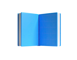 3D rendering of an open book with blue cover and pages on a black background