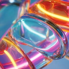 Futuristic Abstract Art: Translucent Curving Glass Spheres & Tubes, Neon Cyan-Magenta-Orange Refractions, Studio Lighting Highlights Glossy Depth, Minimalist Complex Design for Digital Art