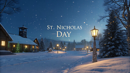 Magical st nicholas day celebration in a snowy village with warm lights and starry night sky