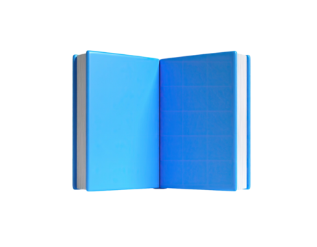 3D rendering of an open book with blue cover and pages on a black background