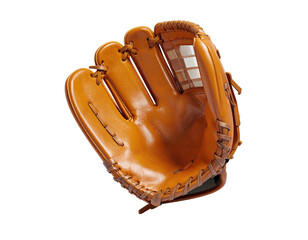 A brown baseball glove is displayed against a black background, showing the open pocket