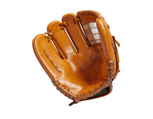 A brown baseball glove is displayed against a black background, showing the open pocket