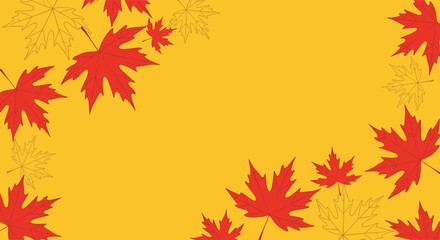 Fototapeta premium A festive autumn display featuring vibrant red maple leaves scattered across a warm golden yellow background.