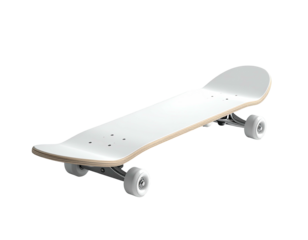 Rendered, pristine skateboard, overhead, on a dark background, wood grain visible