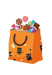 An orange Halloween bag overflowing with various candies and treats, perfect for trick-or-treating.