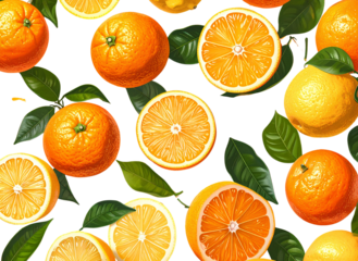 0 - Vibrant pattern of oranges and lemons on a yellow background isolated on a transparent background