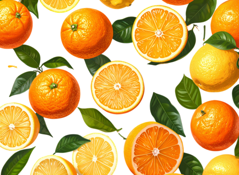 0 - Vibrant pattern of oranges and lemons on a yellow background isolated on a transparent background