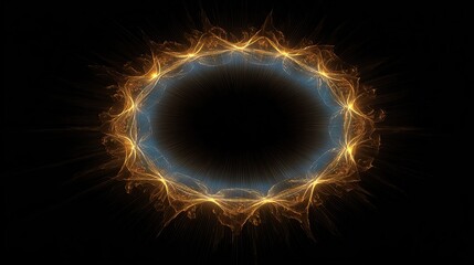 A glowing, circular energy field featuring a dark center, surrounded by intricate gold & blue fiery details on black