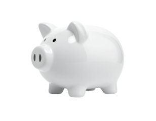 A glossy, white ceramic piggy bank, perfect for saving money, isolated