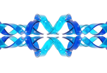 A symmetrical, abstract blue double helix structure reflected on a pristine white background.